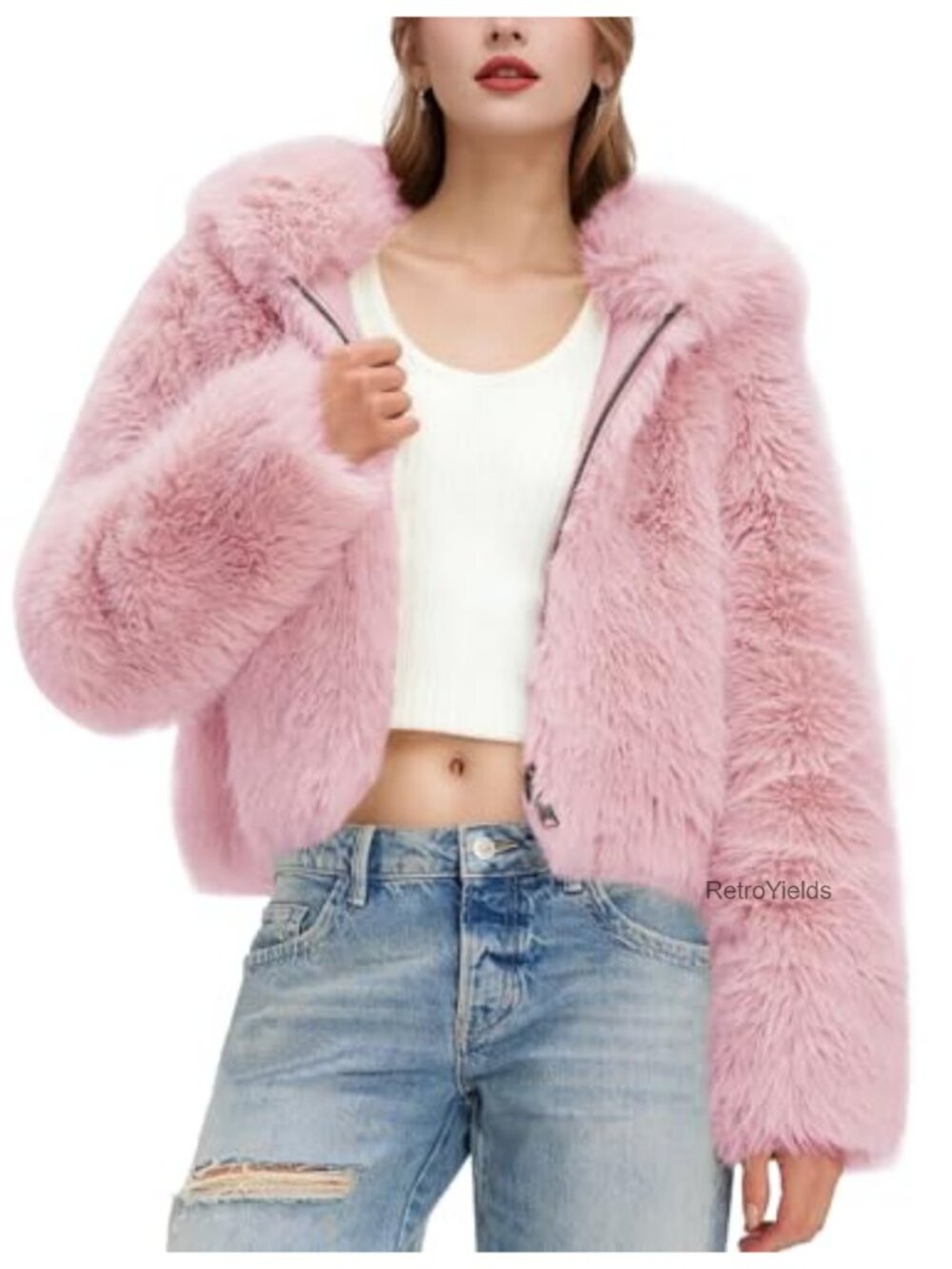 Faux Fur Hooded Zip Up Cropped Winter Coat with Pockets